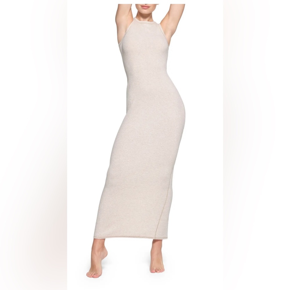 SKIMS COTTON RIB SLEEVELESS LONG DRESS 
HEATHER OATMEAL MULTI